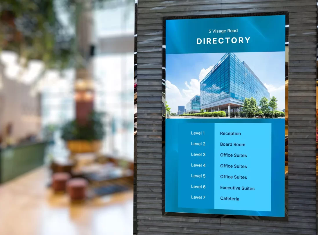 Digital directory screen in corporate reception area