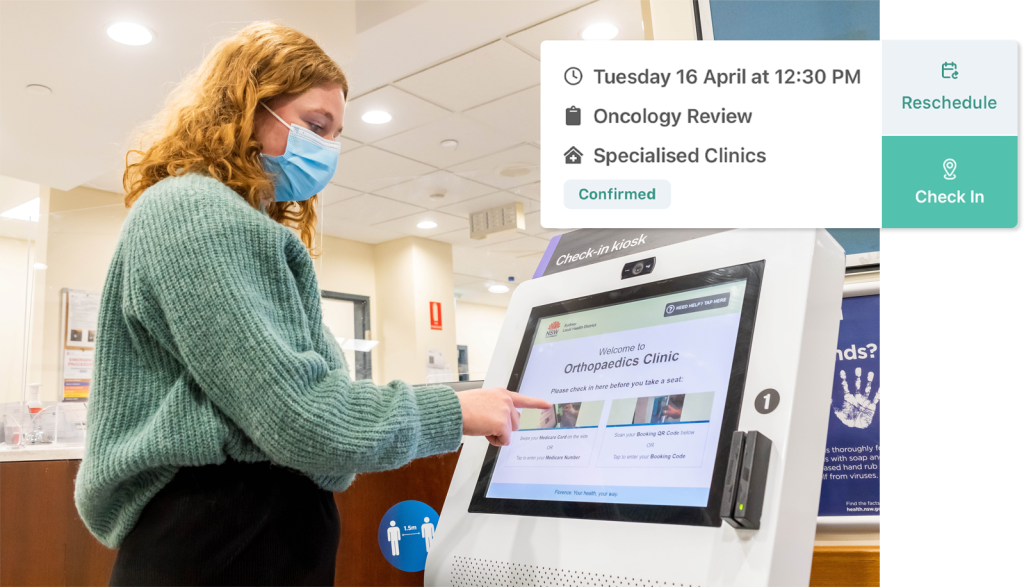 Patient using check in kiosk and mobile check-in feature