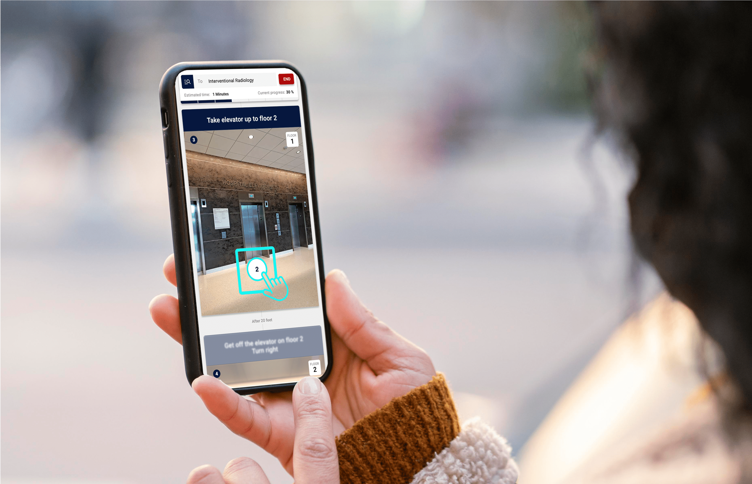 Five Faces young woman checking wayfinding screen smartphone
