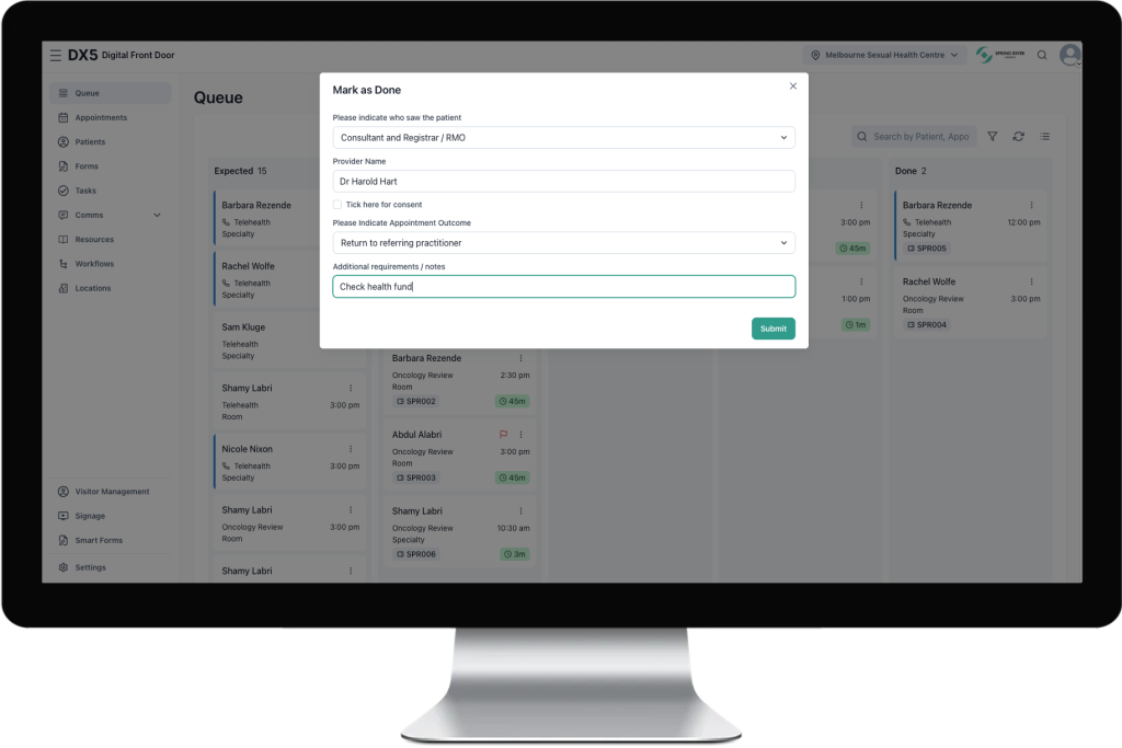 Five Faces Queue Management solution interface showing user completing appointment outcome form configured for when marking patient appointment done in queue