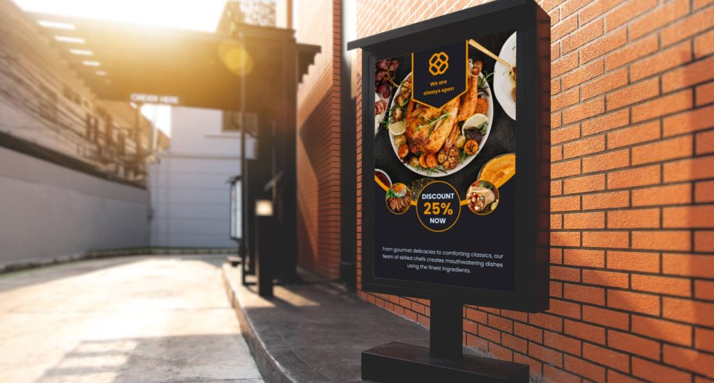 Digital drive thru menu board outdoors for hospitality promotions