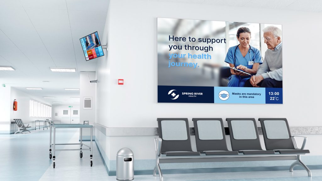 Digital signage in healthcare and hospital setting showing screen in waiting area