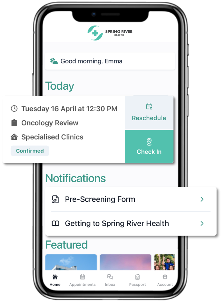 Patient hub home page with check-in and notifications