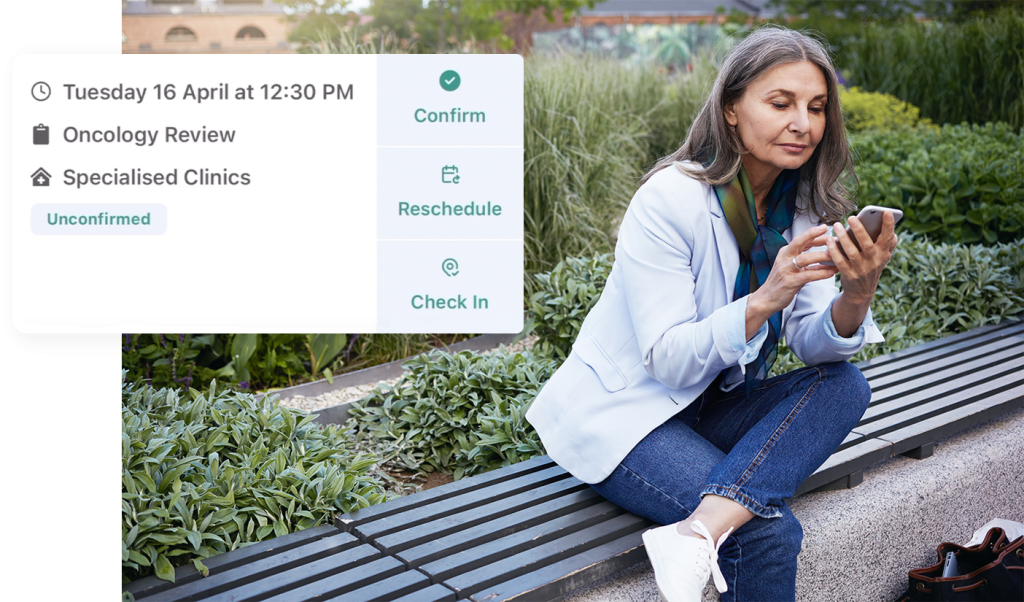 Older woman sitting on bench while looking down at mobile phone with overlay patient hub appointment management features