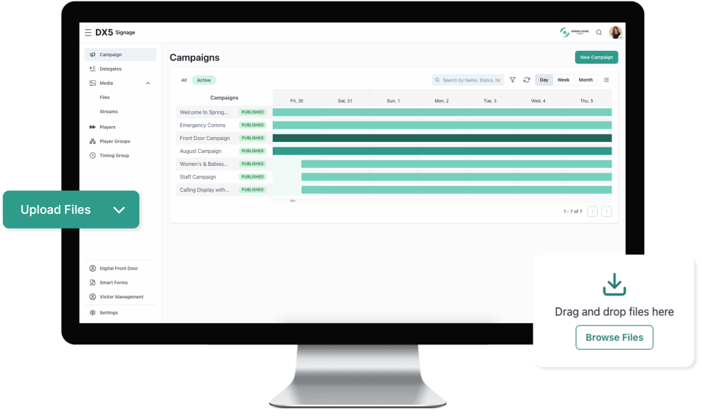 Five Faces Digital Signage solution interface showing campaign schedule with overlay UI 'upload files' and drag and drop files elements