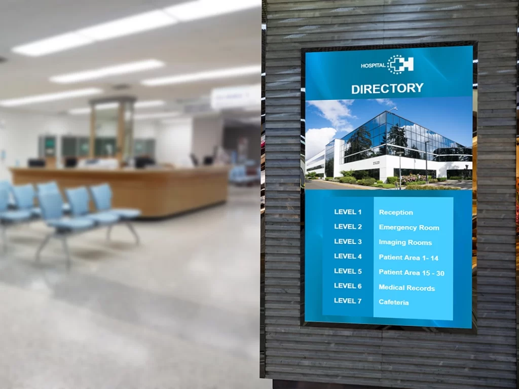 Digital directory screen in clinic waiting area