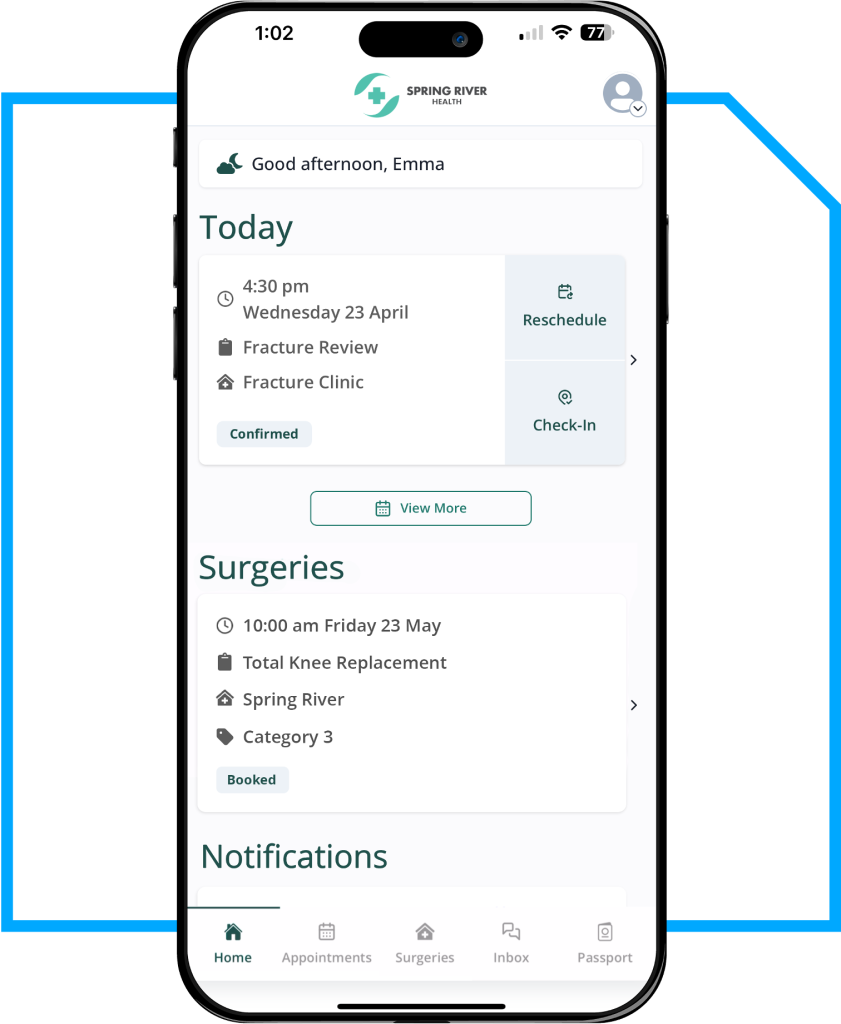 Unified Patient Hub home page with outpatient and surgery apppointments
